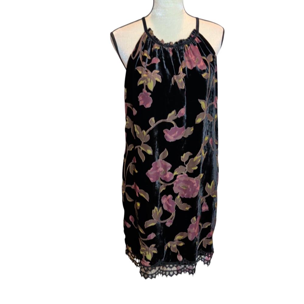 NWT Max Studio Sz L Black Burn Out Velvet Dark Floral Lace Trim Dress Whimsygoth